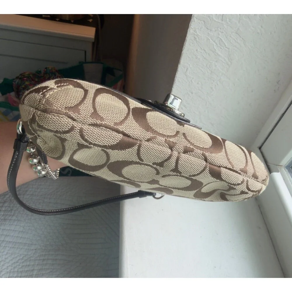 Coach Vintage Signature Canvas Turnlock Wristlet with Leather Trim in Brown EUC